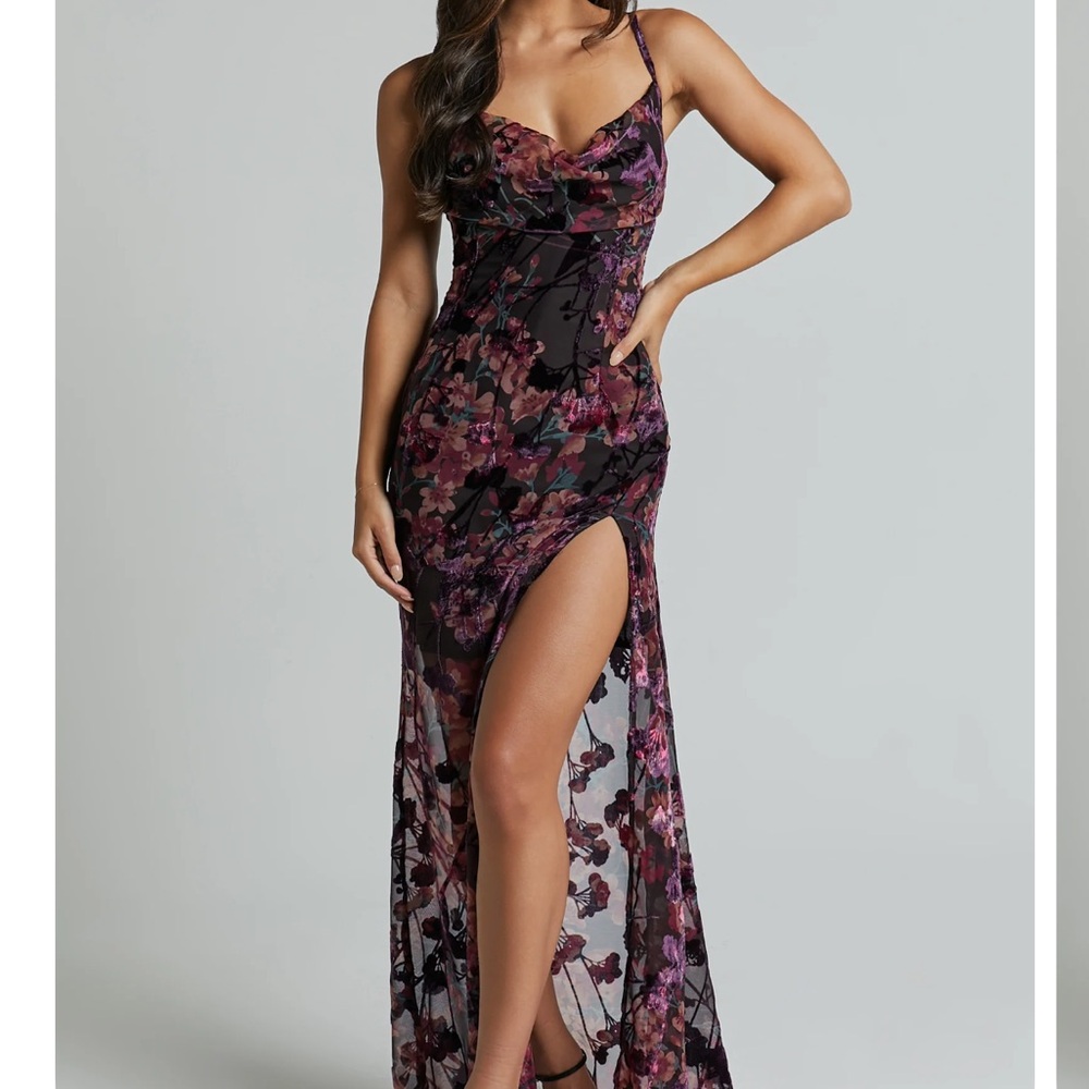 Showpo Backless Floral Maxi Dress - Black and Purple - Picture 2 of 3